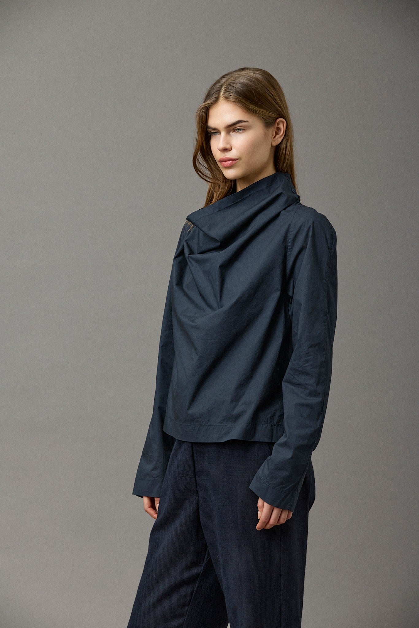 Cotton Stretch Funnel Neck Blouse
